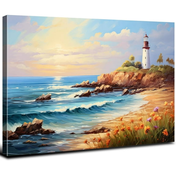 Asdg12s-Watercolor Coastal Beach Wall Art Ocean Decor Beach Landscape Picture Canvas Prints Beach Themed Flower Lighthouse Sunset Wave Painting Artwork for Bathroom Bedroom Living Room Home s 32x48"