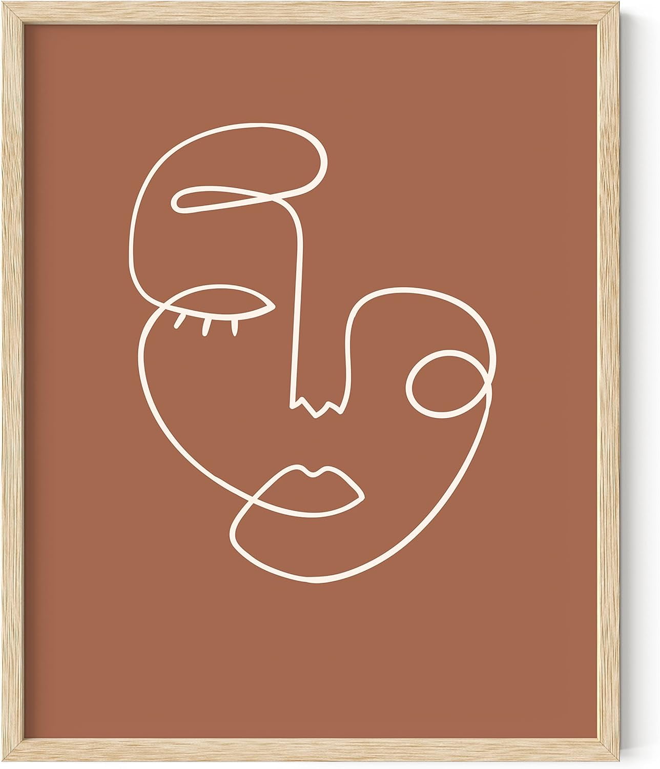 Clay Abstract Face Line Drawing Wall Art in Natural Frame