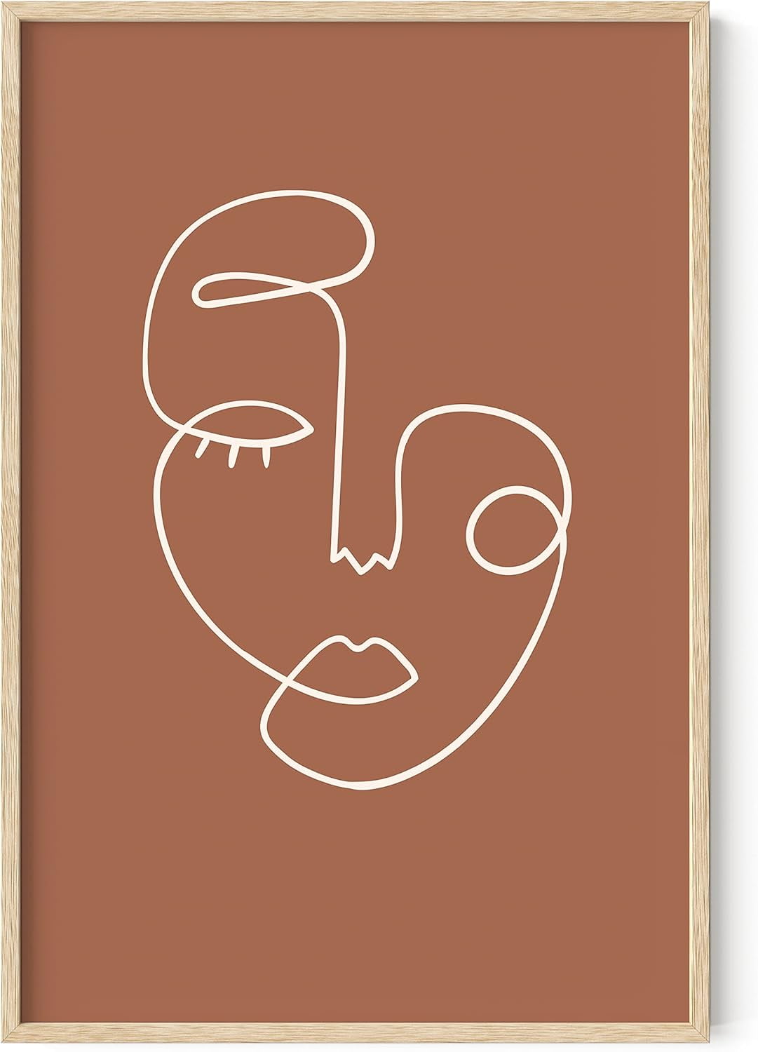 Clay Abstract Face Line Drawing Wall Art in Natural Frame