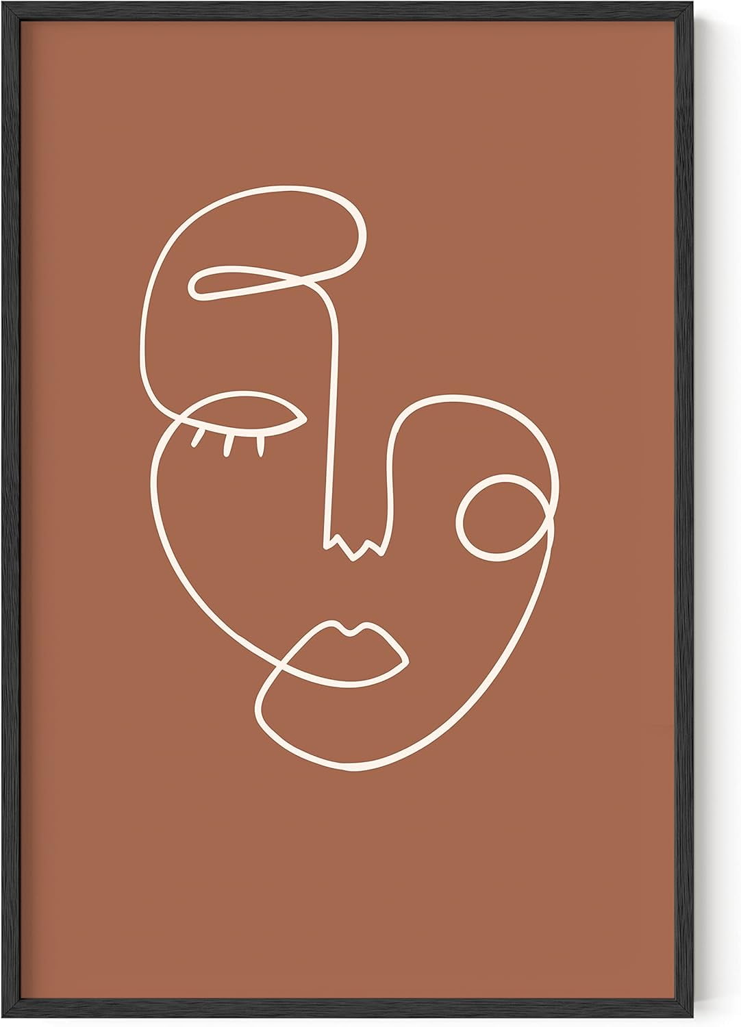 Clay Abstract Face Line Drawing Wall Art in Natural Frame