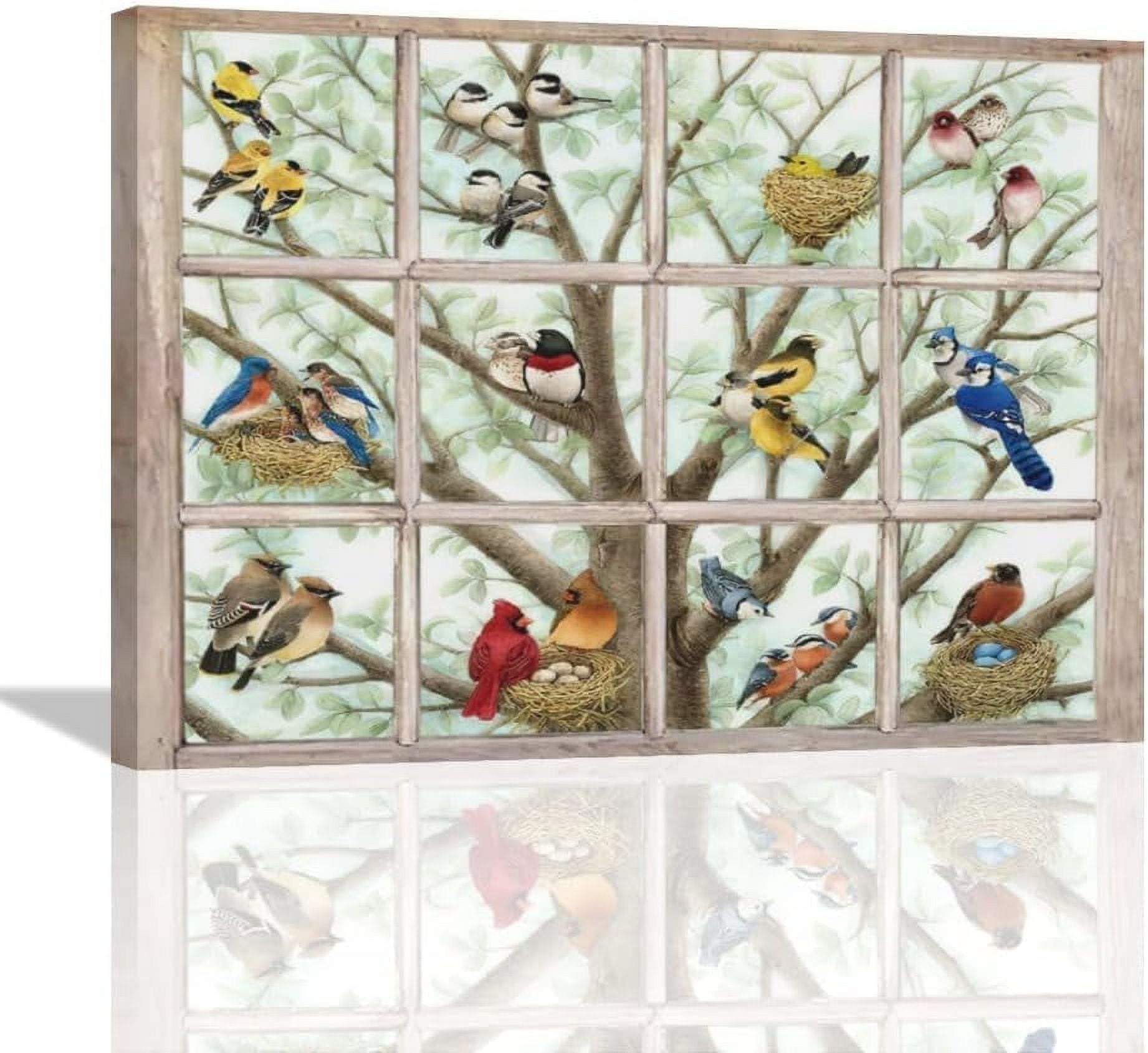 Colorful Birds on Branch Canvas Wall Art in Rustic Frame