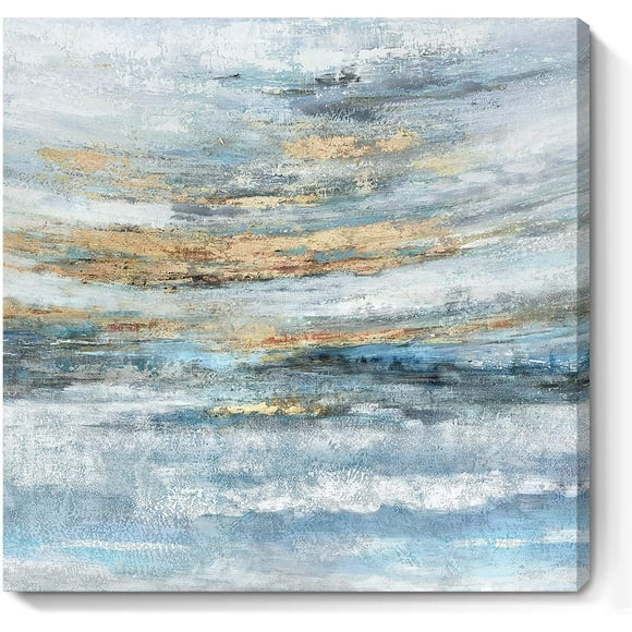 Asdg76s-Bathroom Wall Art Abstract Canvas Art Print Framed Modern Blue Ocean Picture Small Coastal Sunset & Sunrise Artwork for Sea Lake Themed Home Bedroom Décor 14x14inch