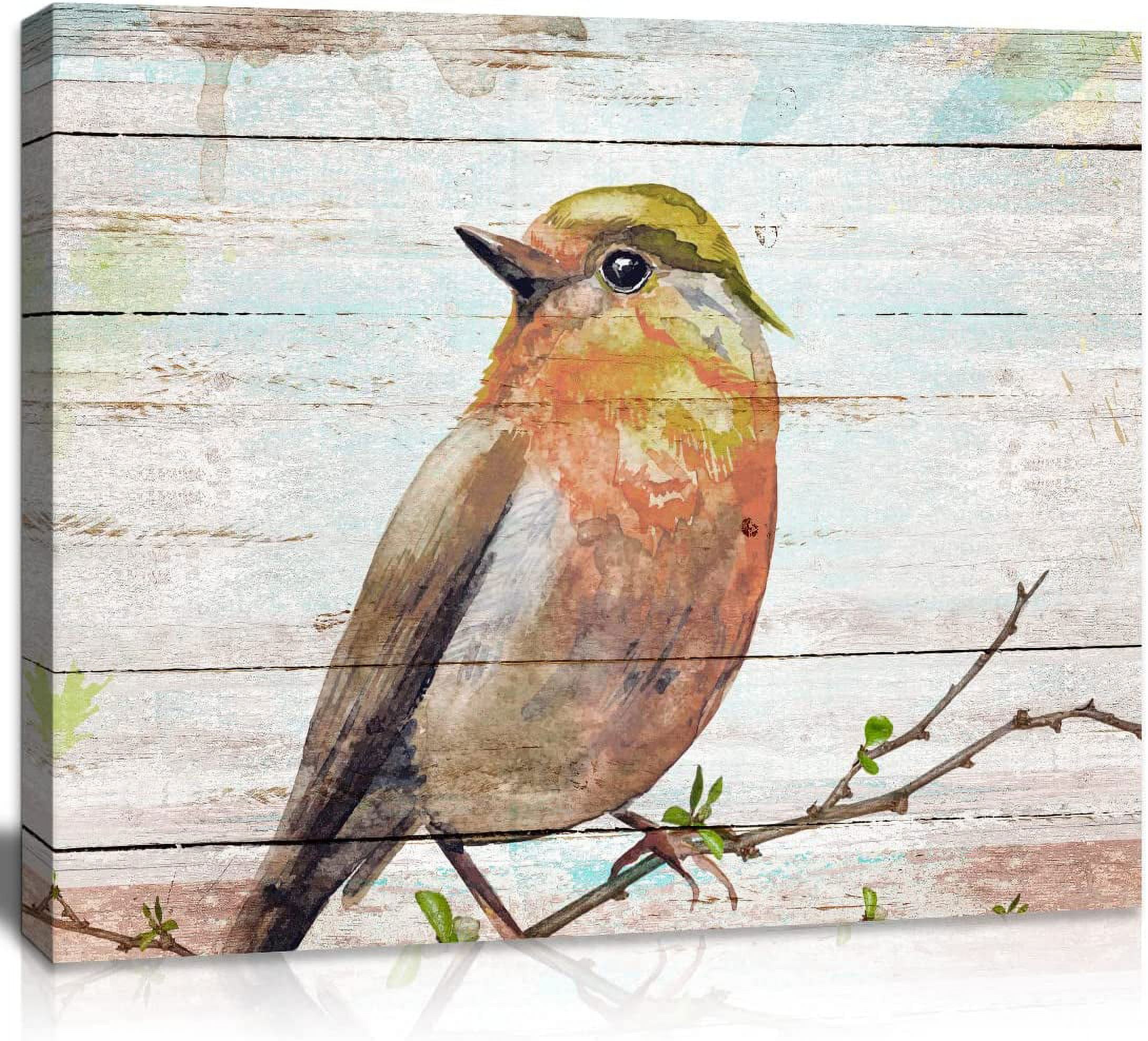 Rustic Watercolor Bird Print on Linen Canvas with Wood Background