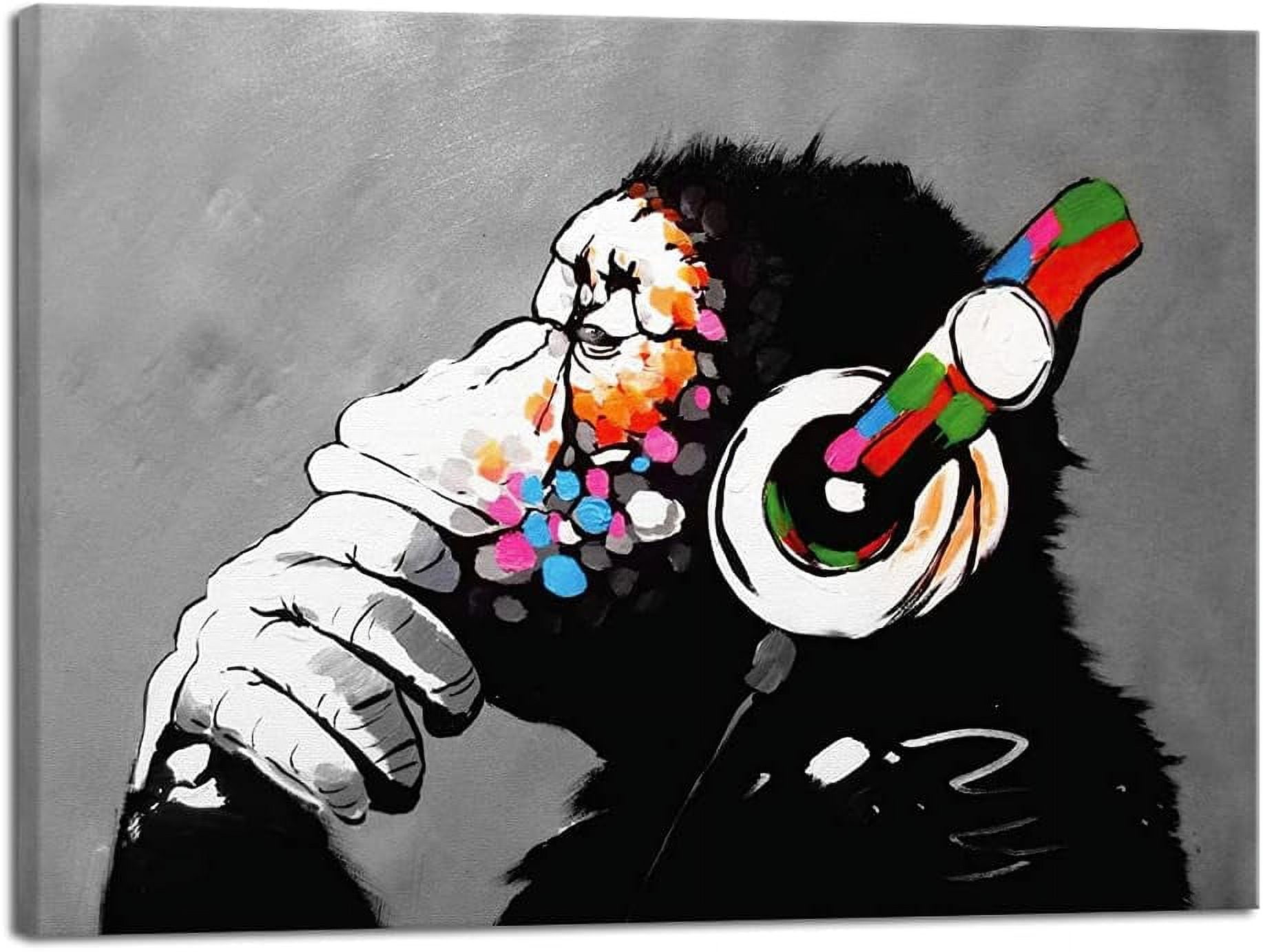 Asdg76s-Black Framed Monkey With Headphones Banksy Graffiti Art ...