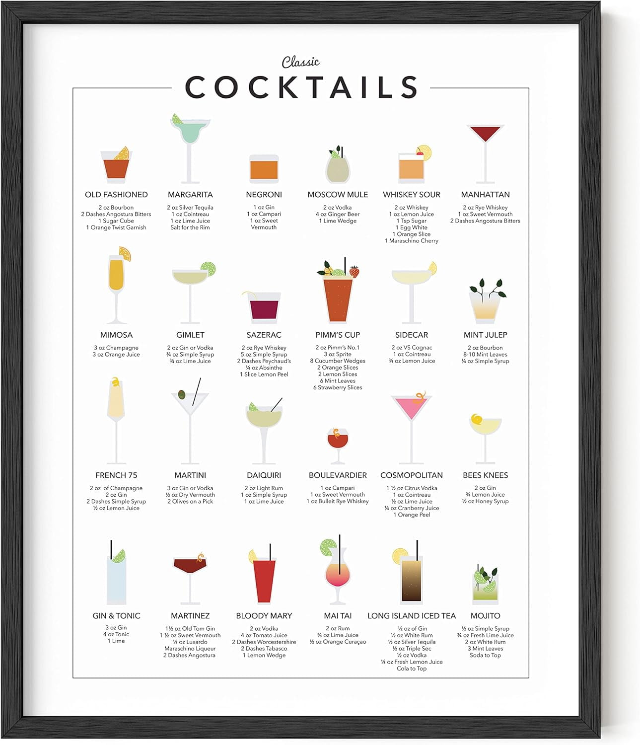Classic Cocktails Print with Black Oak Frame, 16" x 20"