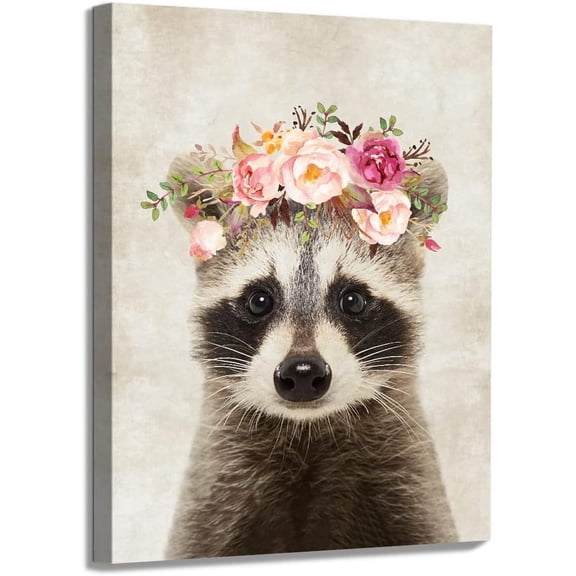 Asdg76s-Framed Cute Raccoon Canvas Painting Retro Animal Portrait Wall Art Decor Funny Raccoon with Garland Picture Safari Animal Art Print Posters for Nursery Kids Bedroom Home Decoration