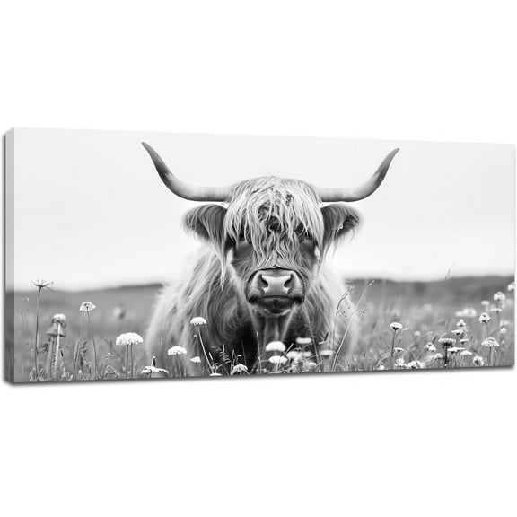 Asdg76s-Highland Cow Extra Large Wall Art for Living Room Black and White Canvas Western Scottish Cow Framed Prints Oversize Cattle Pictures Painting Artwork Office Decor 60"x30"