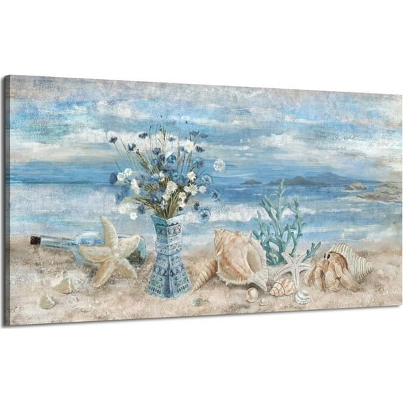 Asdg76s-Large Canvas Wall Art for Living Room Seaside Painting Blue Sea View Ocean Theme Abstract Seascape Framed Artwork Coastal Beach Home Decor Daisy Flower in Indian Vase Picture Poster Print