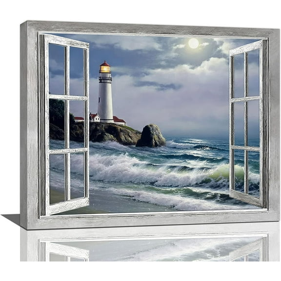 Asdg76s-Lighthouse Nautical Wall Art Coastal Beach Pictures Wall Decor Ocean Canvas Prints Window Decorations Painting Framed Artwork Office Home Decor For Bathroom Bedroom Dining Living Room 20"x16"