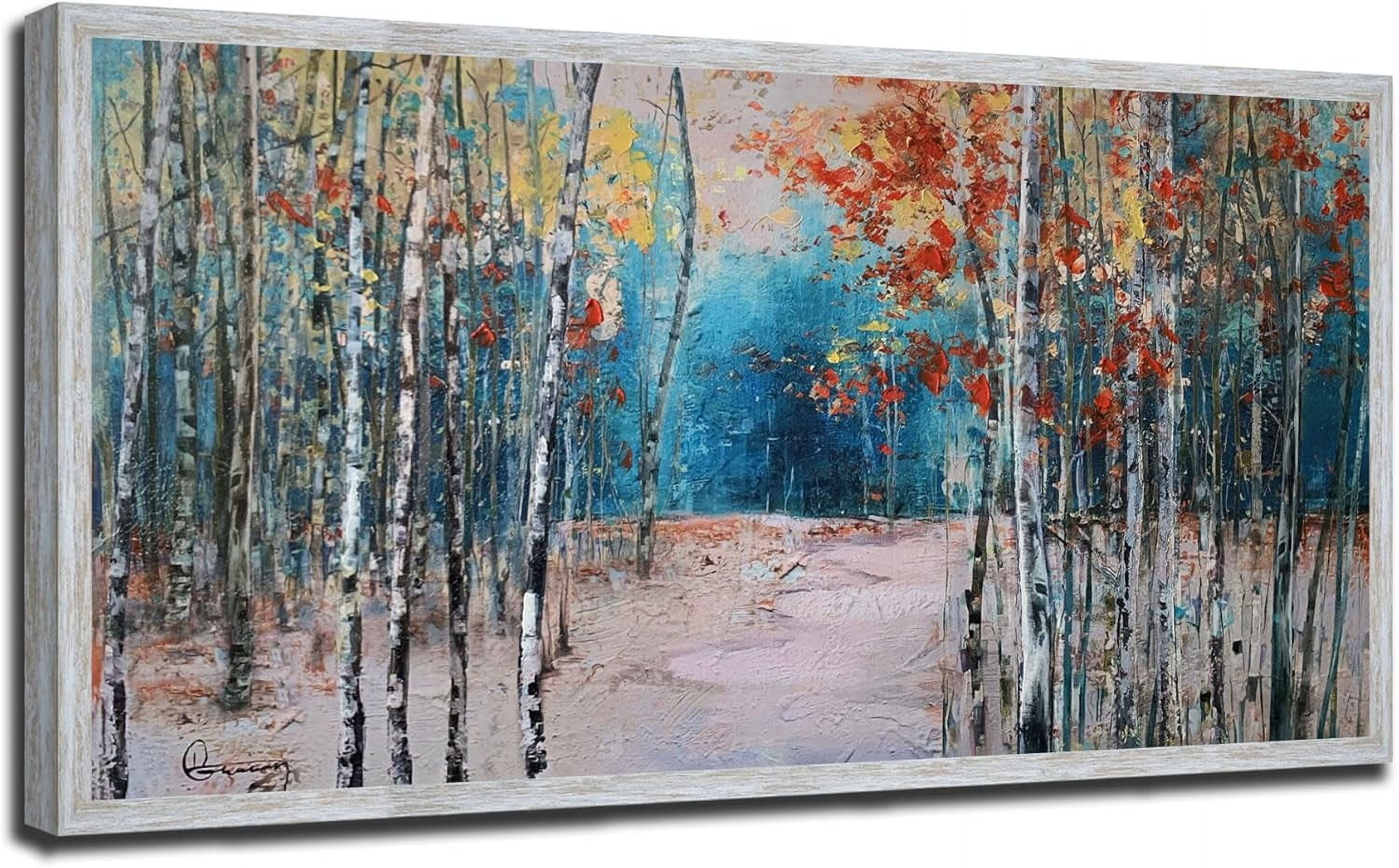 Asdg76s-White Birch Tree Canvas Wall Art Blue Forest Painting Landscape ...