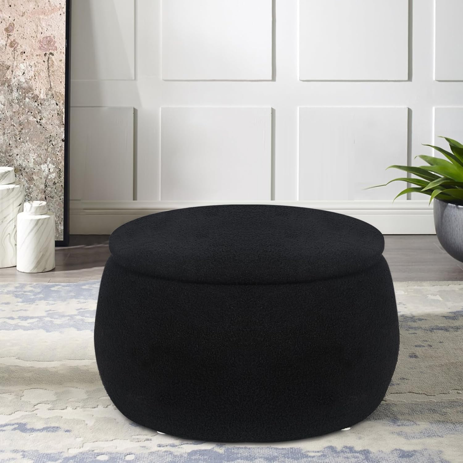 Asense Round Storage Ottoman with Removable Lid, Teddy Velvet Upholstered Footstool Footrest for Bedroom Living Room Entryway, Black