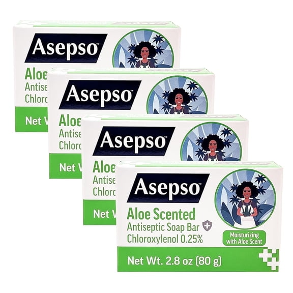 Asepso Antibacterial Soap Bar, Aloe Moisturizing Formula, Deodorizing, Clearing, 4 Pack, 80g/2.8 oz Each