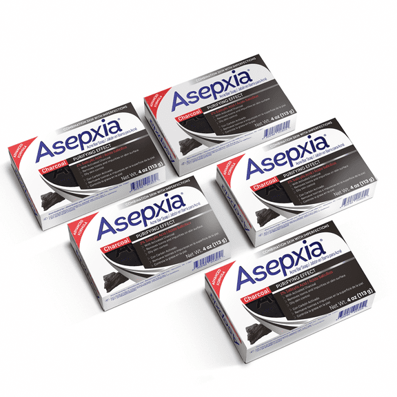 Asepxia Charcoal Cleansing Bar Soap for Acne and Blackheads. Removes Impurities and Toxins. Helps Oily Skin with Salycilic Acid. 4 oz. Pack of 5