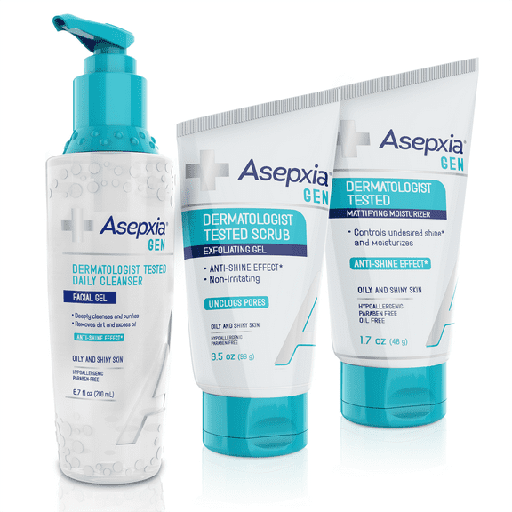 Asepxia GEN Skincare Set for Oily Skin - Exfoliating Scrub Gel, Daily Cleanser, Moisturizing Mattifying Cream