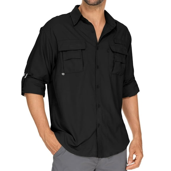 Asfixiado Black Long Sleeve Shirts for Men Button Travel Work Shirt Quick Drying Fishing Hiking Lightweight Tops