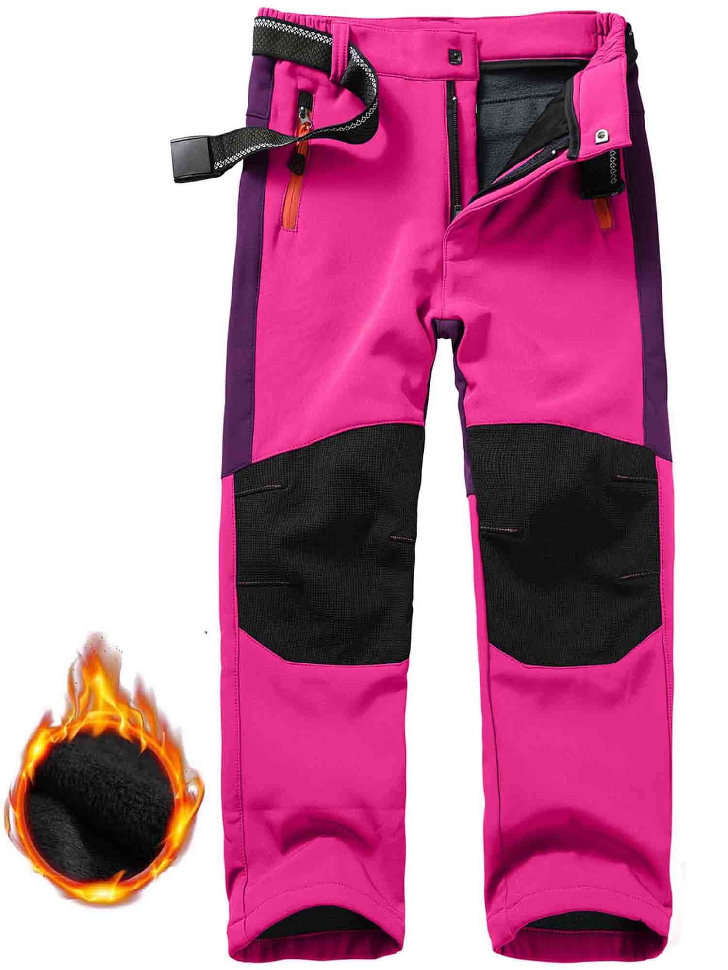 FEN AI Girls Ski Snow Pants Windproof Waterproof Hiking Pant Expandable Waist Soft Shell Winter Warm Insulated Trousers Rose Red Size 14-16