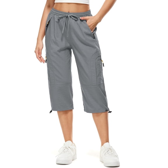 FEN AI Capri Pant for Women Grey Cargo Pants for Fishing Hiking UPF 50+ Outdoor Summer Beach Shorts Loose Fit Casual Pants with Pockets