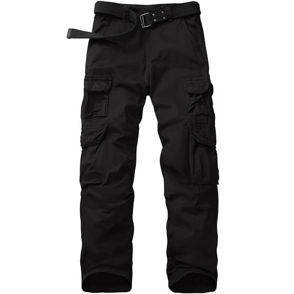 Asfixiado Cargo Pants for Men Black Cotton Pants Casual Travel Hiking Trousers Heavy Duty Workwear with 10 Pockets (No Belt)