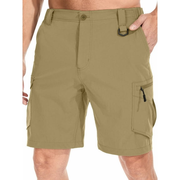 FEN AI Khaki 6 Pockets Work Cargo Shorts Men Casual Expandable Waist Short for Summer Beack Fishing Hiking w/Nylon Belt