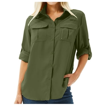 Asfixiado Long Sleeve Button Front Shirts for Women Casual Loose Roll-up Pockets Work Blouse Fishing Summer Fall Tops