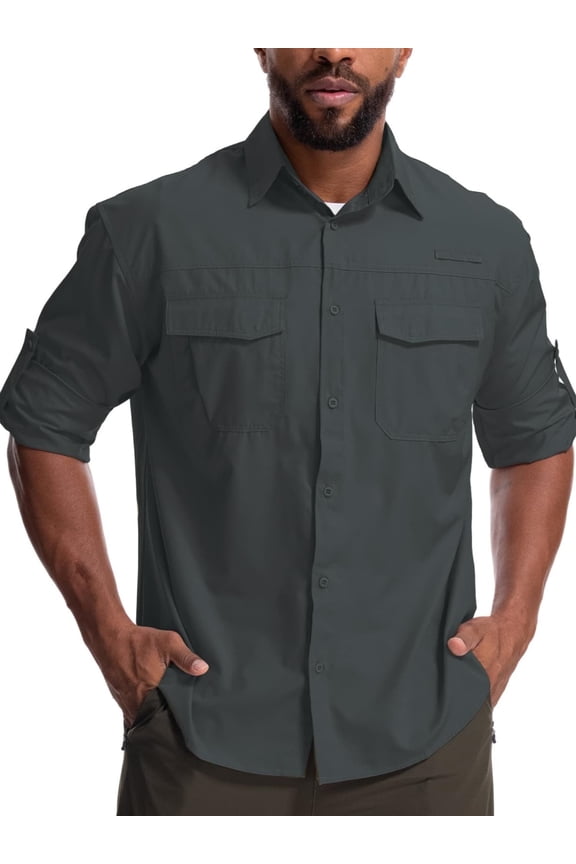 Button Shirts for Men Roll-up 2 Pockets Work Hiking Fishing Shirt 50+ Sun Protection Outdoor Summer Blouse Tops