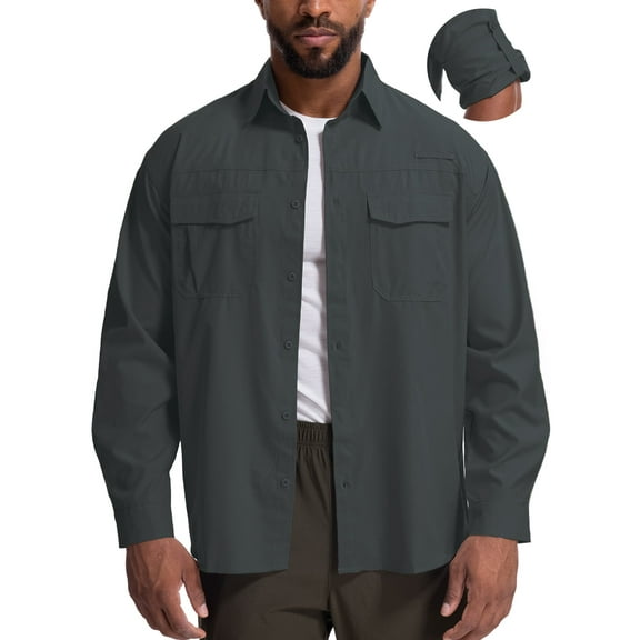 FEN AI Long Sleeve Button Work Shirts for Men Roll-up 2 Pockets Hiking Fishing Blouse 50  Sun Protection Outdoor Summer Tops