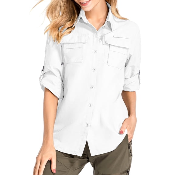 FEN AI Work Shirts for Women White Button Shirt Quick Dry Sun Protection Tops for Summer Hiking Fishing Safari