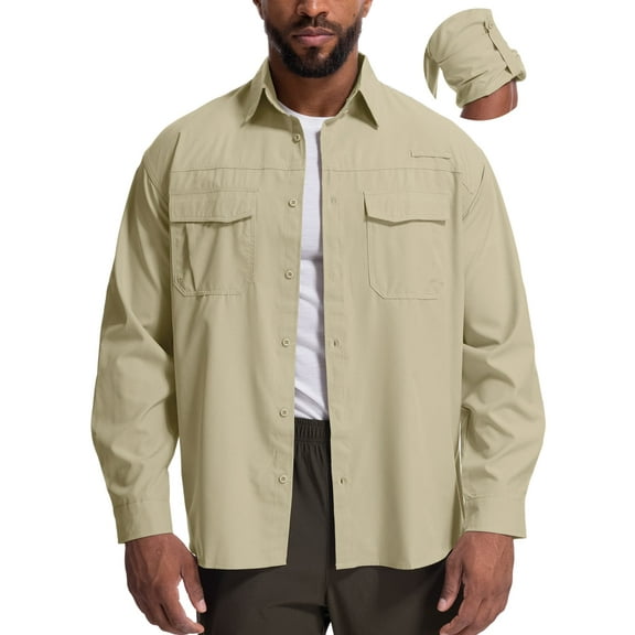 FEN AI Mens Button Long Sleeve Shirts for Fall Safari Fishing with 2 Pockets UPF 50 Sun Shirts Men Casual Tops Khaki