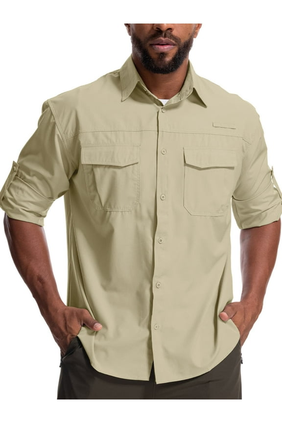 Men's Long Sleeve Sun Protection Shirt UPF 50+ UV Quick Dry Cooling Fishing Shirts for Travel Safari Camping Hiking