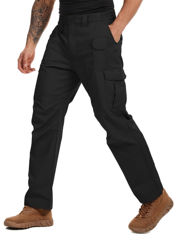 Asfixiado Men's Flex Cargo Pants Black Water Resistant Outdoor Trousers Ripstop Work Hiking Pants for Men with Multi Pockets