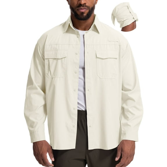 FEN AI Men's Button-Up Shirts Long Sleeve Travel Work Shirt, UV 50  Sun Protection Outdoor Casual Hiking Fishing Tops