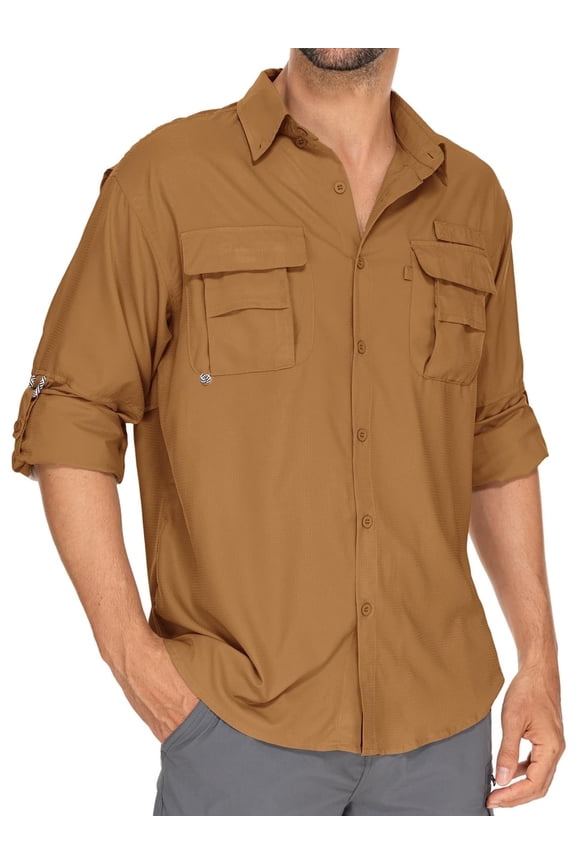 Men's Long Sleeve Button up Shirts Breathable Casual Travel Tops 2 Pockets Hiking Fishing Blouse