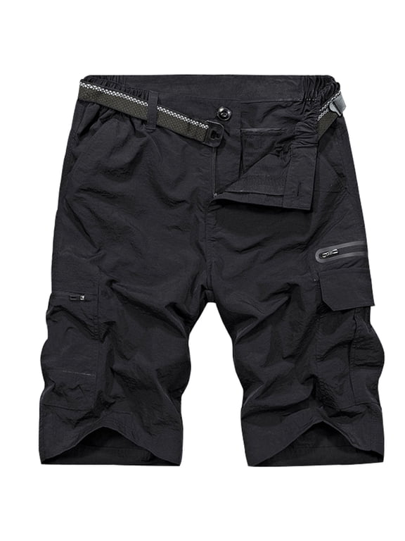 Mens Cargo Shorts Quick Dry Hiking Fishing Golf Short Black Outdoor Workwear w/ Zipper Pockets (With Belt)
