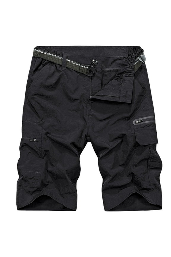Mens Cargo Shorts Quick Dry Hiking Fishing Golf Short Black Outdoor Workwear w/ Zipper Pockets (With Belt)