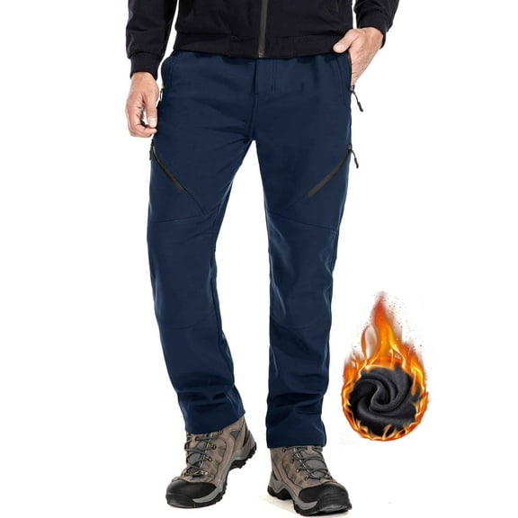 FEN AI Mens Fleece Lined Cargo Hiking Pants Windproof Warm Winter Pants for men Softshell Snow Skiing Trousers with 5 Zipper Pockets