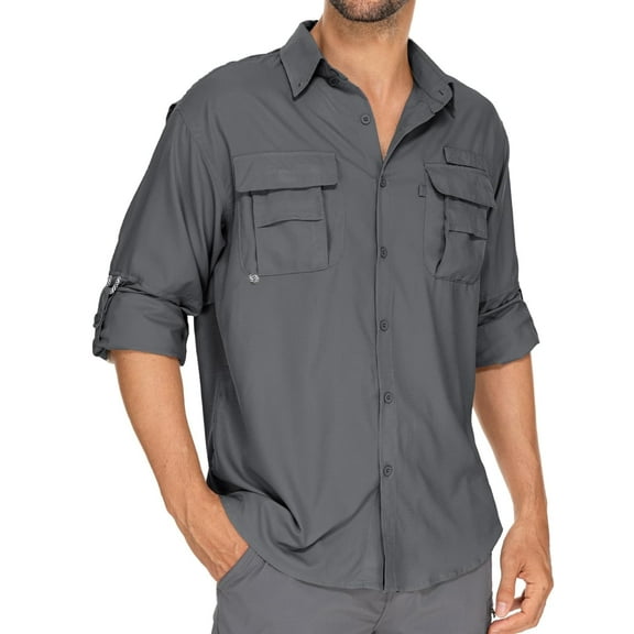 FEN AI Mens Long Sleeve Button Down Shirts for Work Fishing Hiking Travel Tops Men UV 50  Outdoor Shirt w/ Mesh Line