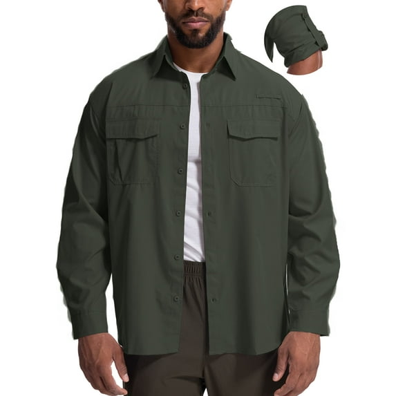 Asfixiado Mens Safari Shirts Sun Protection Long Sleeve Outdoor Tops Quick Dry Army Green Fishing Hiking Gardening Shirt