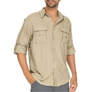 Asfixiado Mens Work Shirts Long Sleeve Hiking Fishing Shirt with 2 Pockets UPF 50+ Quick Dry Tops Convertible Short Sleeve Shirts Men for Summer Travel Outdoor Safari Khaki