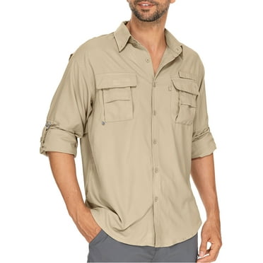 Asfixiado Mens Work Shirts Long Sleeve Hiking Fishing Shirt with 2 Pockets UPF 50+ Quick Dry Tops Convertible Short Sleeve Shirts Men for Summer Travel Outdoor Safari Khaki