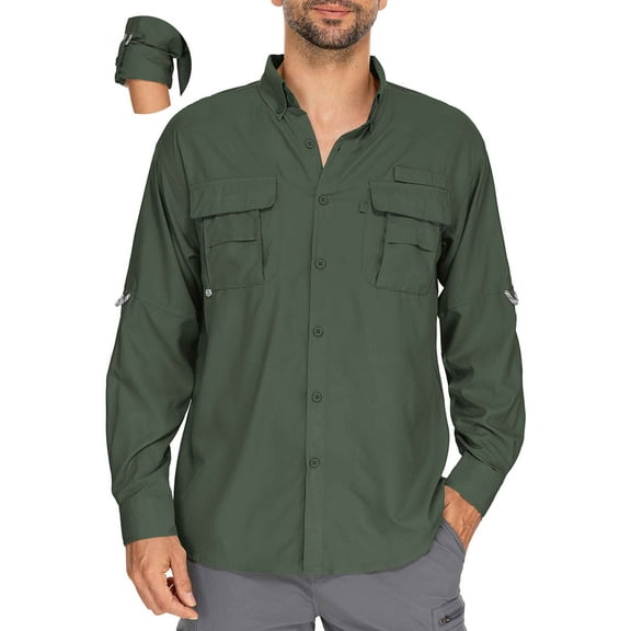 FEN AI Work Shirts for Men Long Sleeve Hiking Fishing Shirt with 2 Pockets UPF 50  Quick Dry Outdoor Safari Shirts