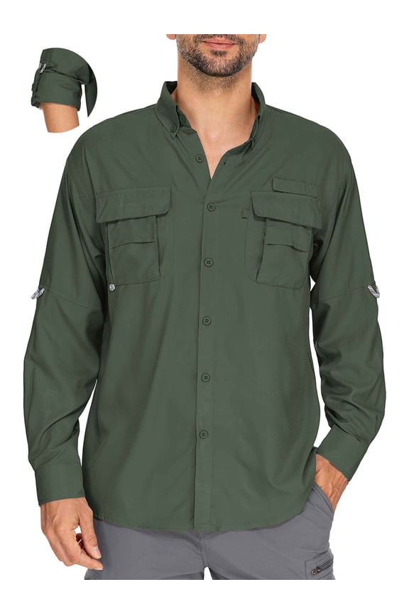 Work Shirts for Men Long Sleeve Hiking Fishing Shirt with 2 Pockets UPF 50+ Quick Dry Outdoor Safari Shirts