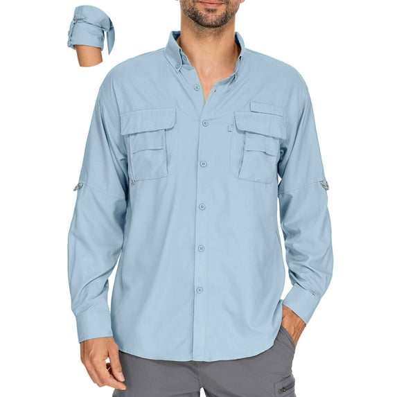 FEN AI Button Down Shirt Men Long Sleeve Work Shirts with 2 Pockets Sun Protection Tops for Travel Safari Outdoor Blue