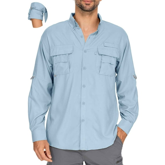FEN AI Button Down Shirt Men Long Sleeve Work Shirts with 2 Pockets Sun Protection Tops for Travel Safari Outdoor Blue