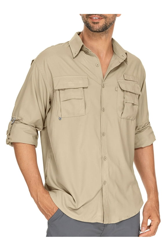 Mens Work Shirts Long Sleeve Hiking Fishing UV Shirt Quick Dry Tops Convertible Short Sleeve Shirts Men for Travel Outdoor Safari Khaki