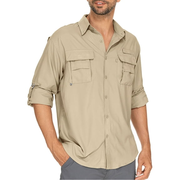FEN AI Mens Work Shirts Long Sleeve Hiking Fishing UV Shirt Quick Dry Tops Convertible Short Sleeve Shirts Men for Travel Outdoor Safari Khaki
