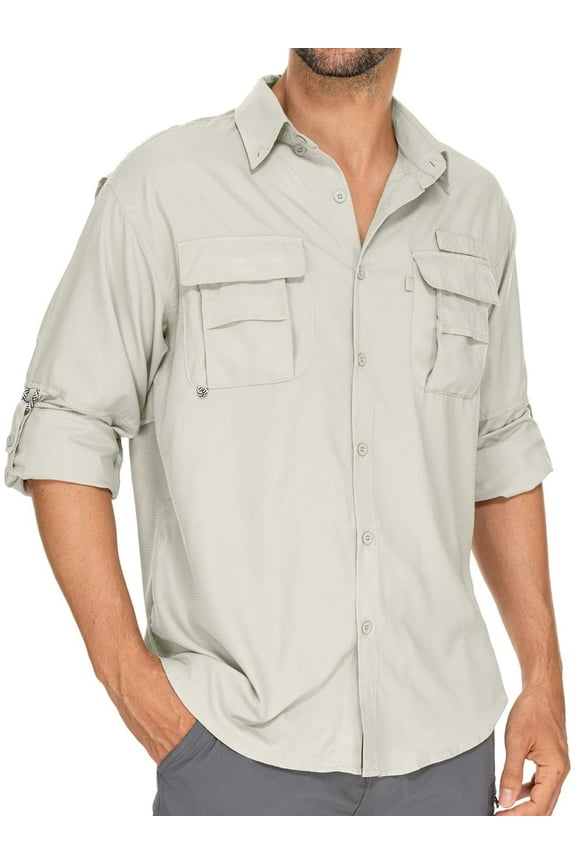 Long Sleeve UV Protection Shirts Men Quick Dry Fishing Hiking Shirts Button Shirt for Travel Outdoor Gardening Safari