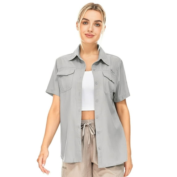 FEN AI Grey Casual Summer Tops Women Button Up Fishing Shirts Short Sleeve Blouses UPF 50+ Sun Protection Outdoor Hiking Shirt with Pockets