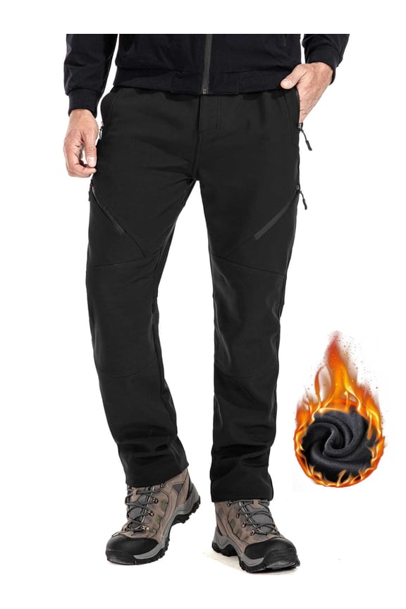 Ski Snow Pants Men Fleece Lined Cargo Pant for Hiking Outdoor Insulated Winter Warm Softshell Trousers Black