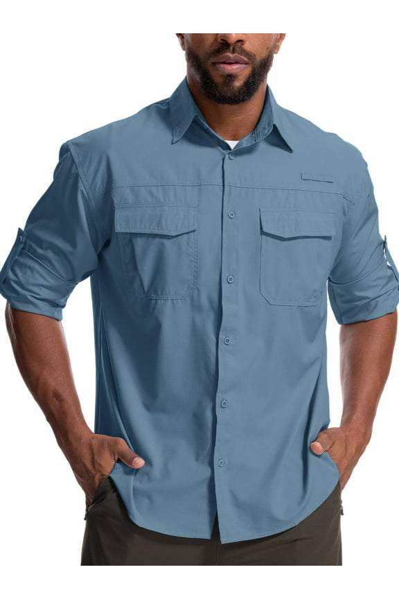 Men's Long Sleeve Fishing Shirts UV Sun Protection Cooling Tops for Outdoor Working Button Down Shirt Blue