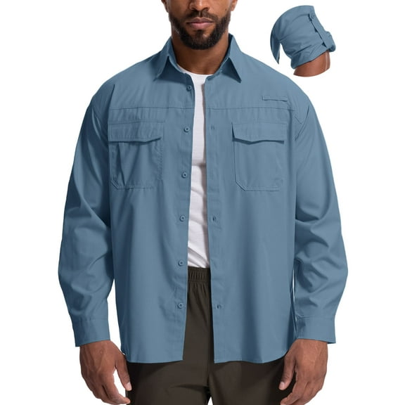 FEN AI Men's Long Sleeve Fishing Shirts UV Sun Protection Cooling Tops for Outdoor Working Button Down Shirt Blue